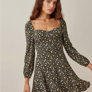 Reformation Black Floral Long Sleeve Dress